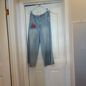 Kensie High Rise Striped Jeans with Rose Embroidery High Rise Gaucho Leg